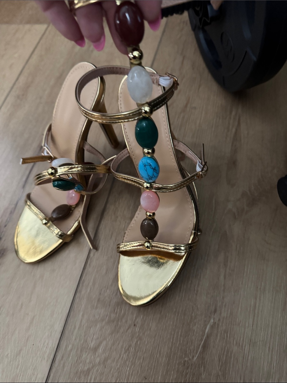Gold Beaded T-Strap Women's Sandals